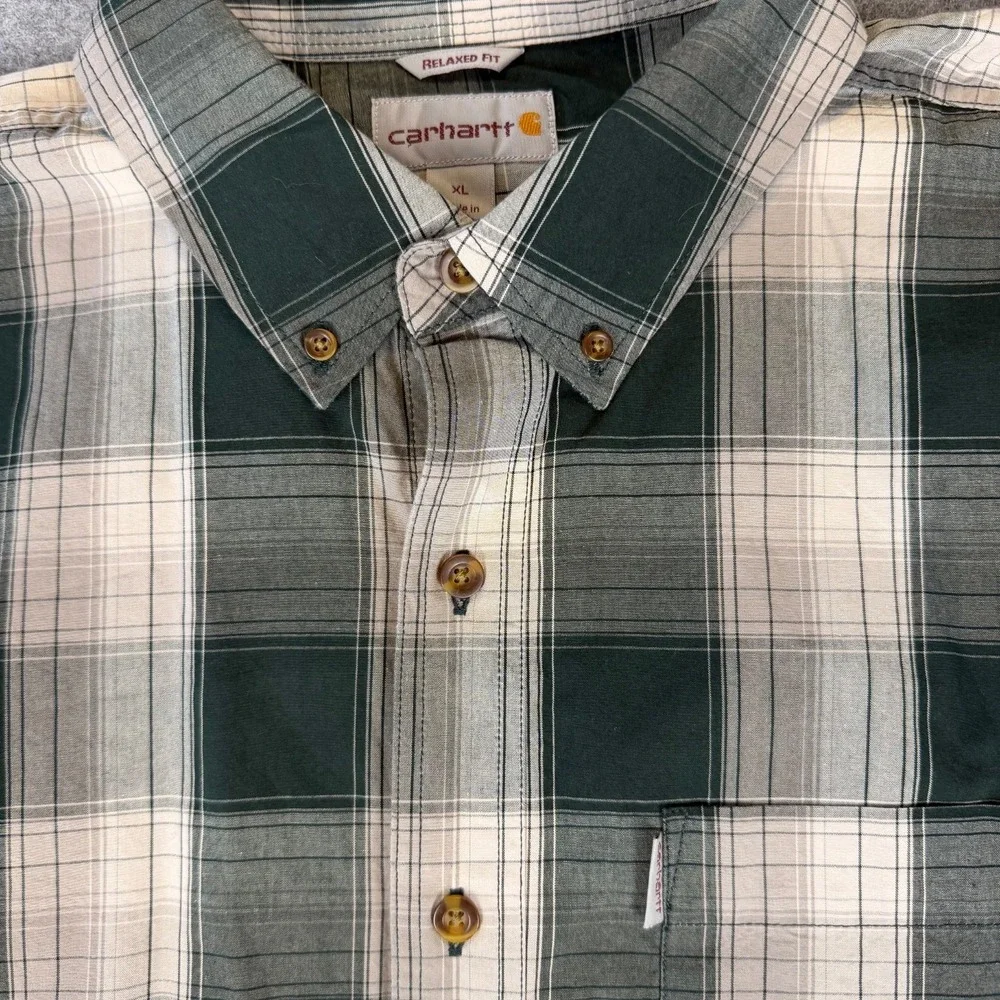 Carhartt Mens XL Plaid Flannel Shirt Long Sleeve Green White Button Up Relax Fit - Picture 2 of 10